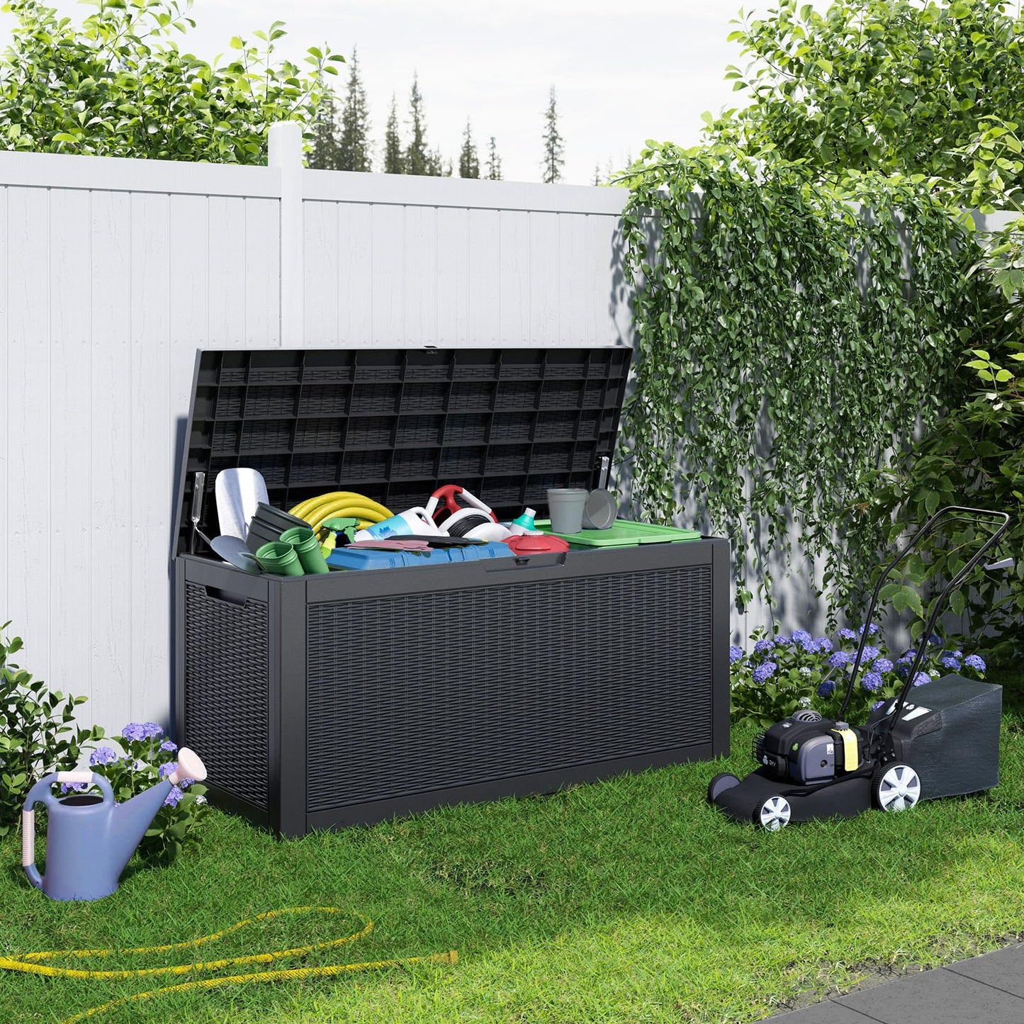 EasyUp 120 Gallon Waterproof Deck Box, Lockable Resin Outdoor Storage Box, Durable Storage Bin with Reinforced Hydraulic Rod for Patio Furniture, Garden Tools, Pool Accessories, Indoor Cushion, Black
