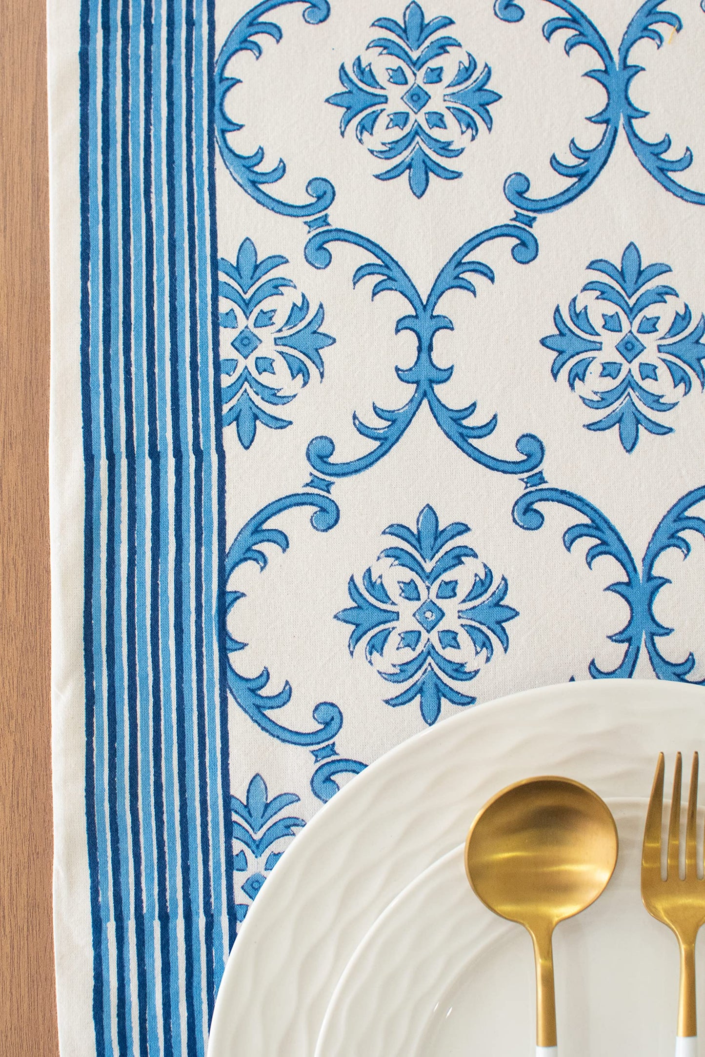 Lotus & Ivory Dark Blue Kitchen Table Runners (100% Cotton, Damask Hand Block Print, 14x90 inch, Pack of 1) Fabric Lined | No Fray Edges | for Home, Kitchen, Dining Room, Holiday, Wedding Party Décor
