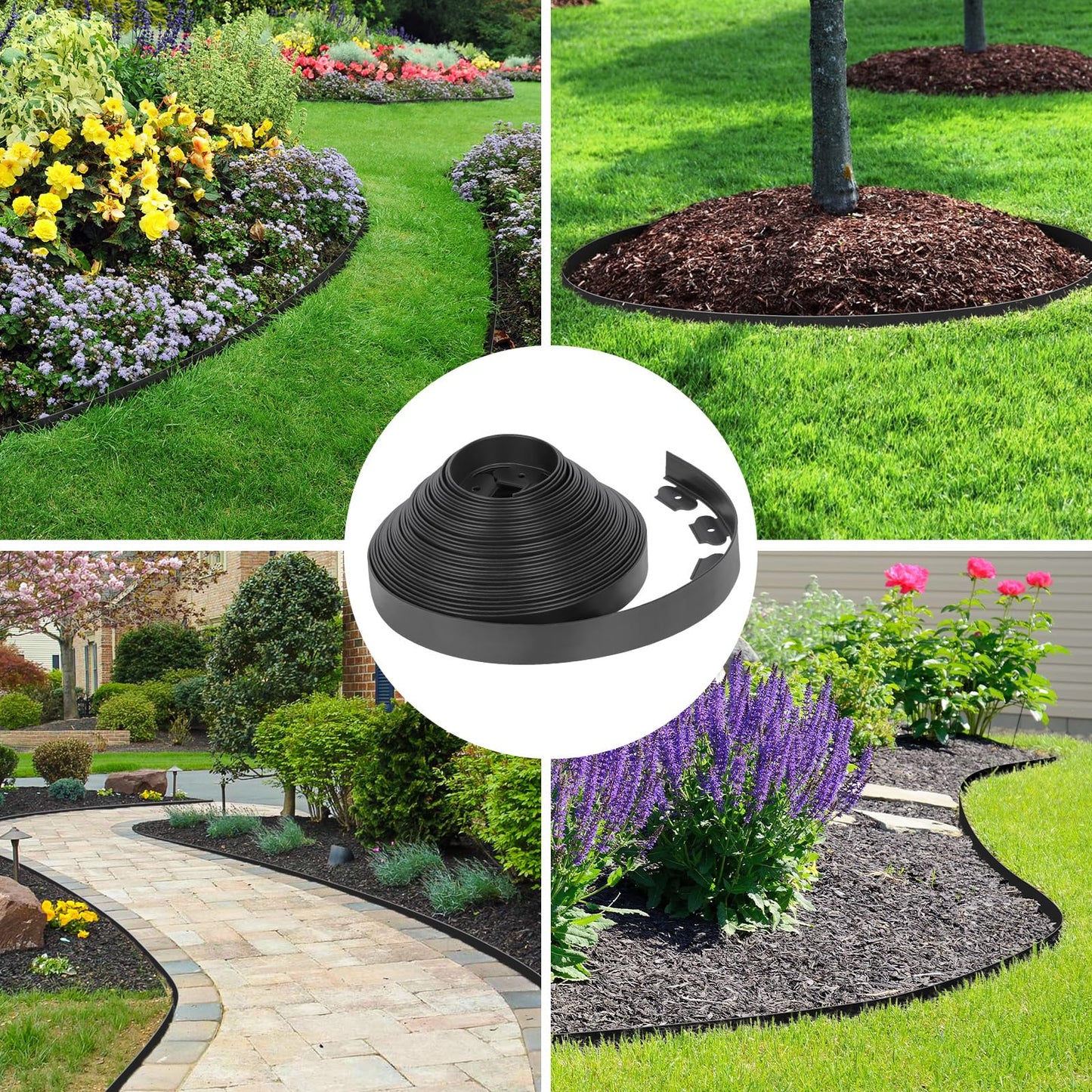 2-Inch x 50 FT Landscape Edging Border with 75 Spikes, Garden Edging Border Lawn Edging Border, Plastic Edging Border Flexible for Garden Flower Beds Lawn Yard Paver Pathway (Black)