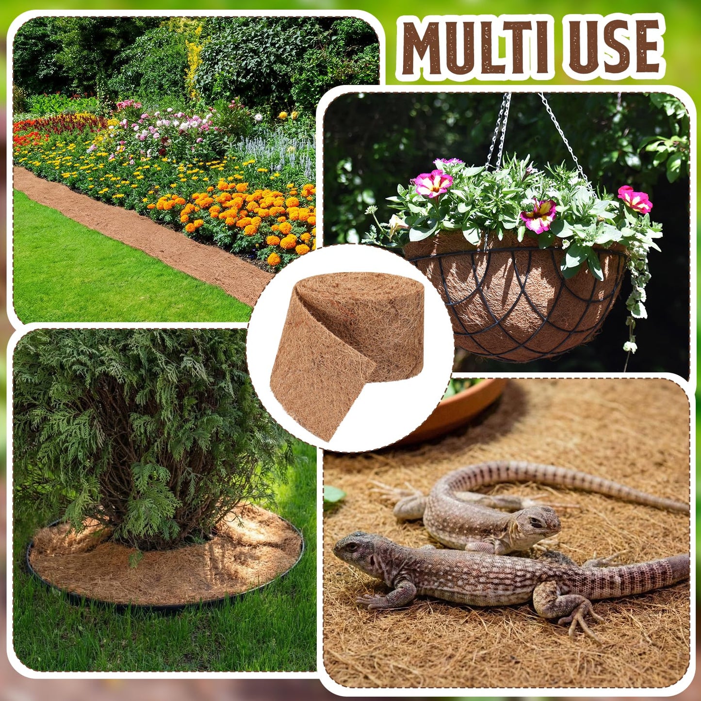 Tinideya 6 Pcs Natural Mulch Roll for Landscaping 118'' x 4.5'' Per Roll Coconut Fiber Mulch Mat with 60 U-Shaped Steel Stakes Cuttable Coconut Liner for Garden Edgings Wrap Trunk Planter Pet Pad