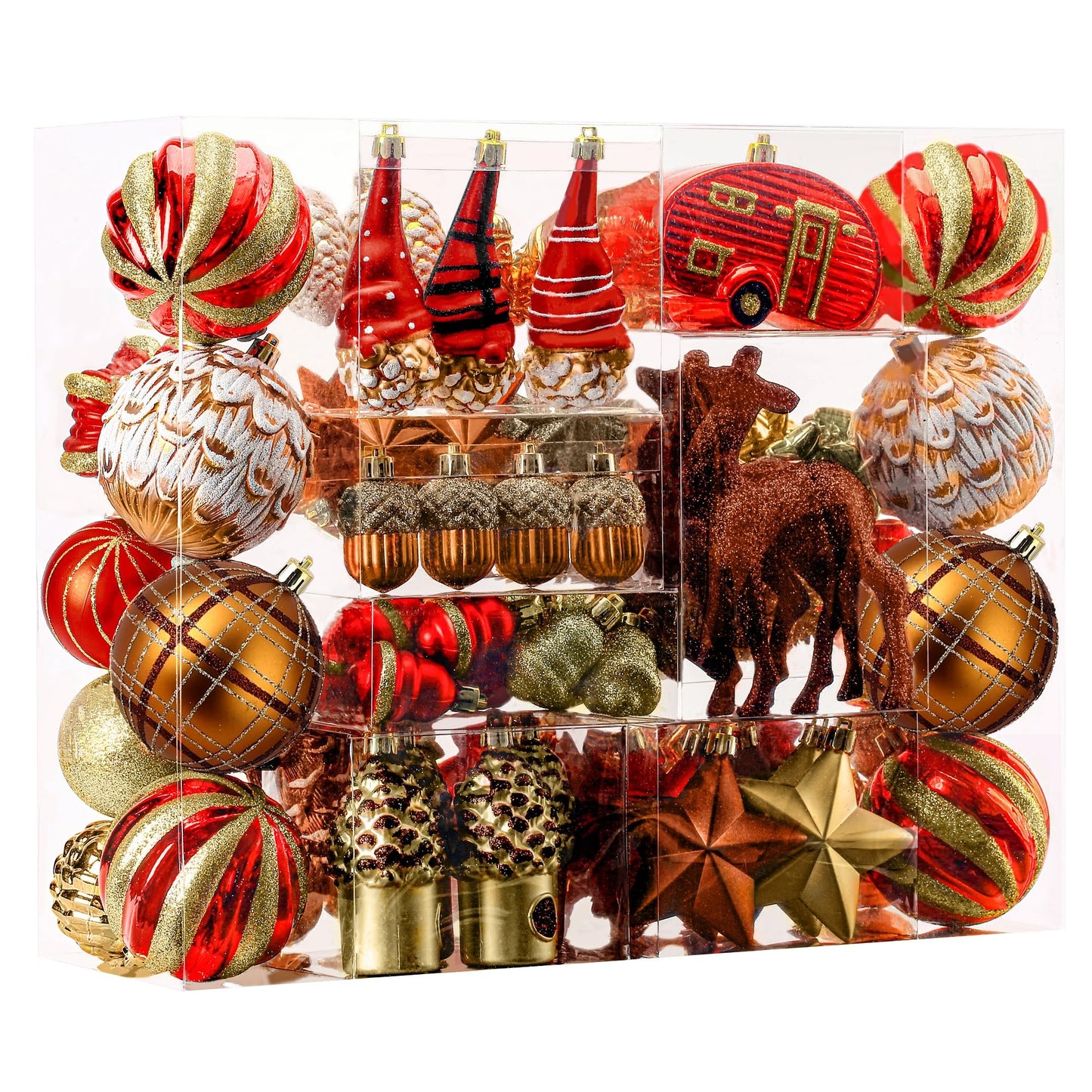 Alupssuc 103pcs Christmas Balls Ornaments Set, Gnome Christmas Tree Decorations with Hanging Strings, Shatterproof Plastic Baubles for Xmas Tree Holiday Wedding Party Decorations, Red, Bronze and Gold