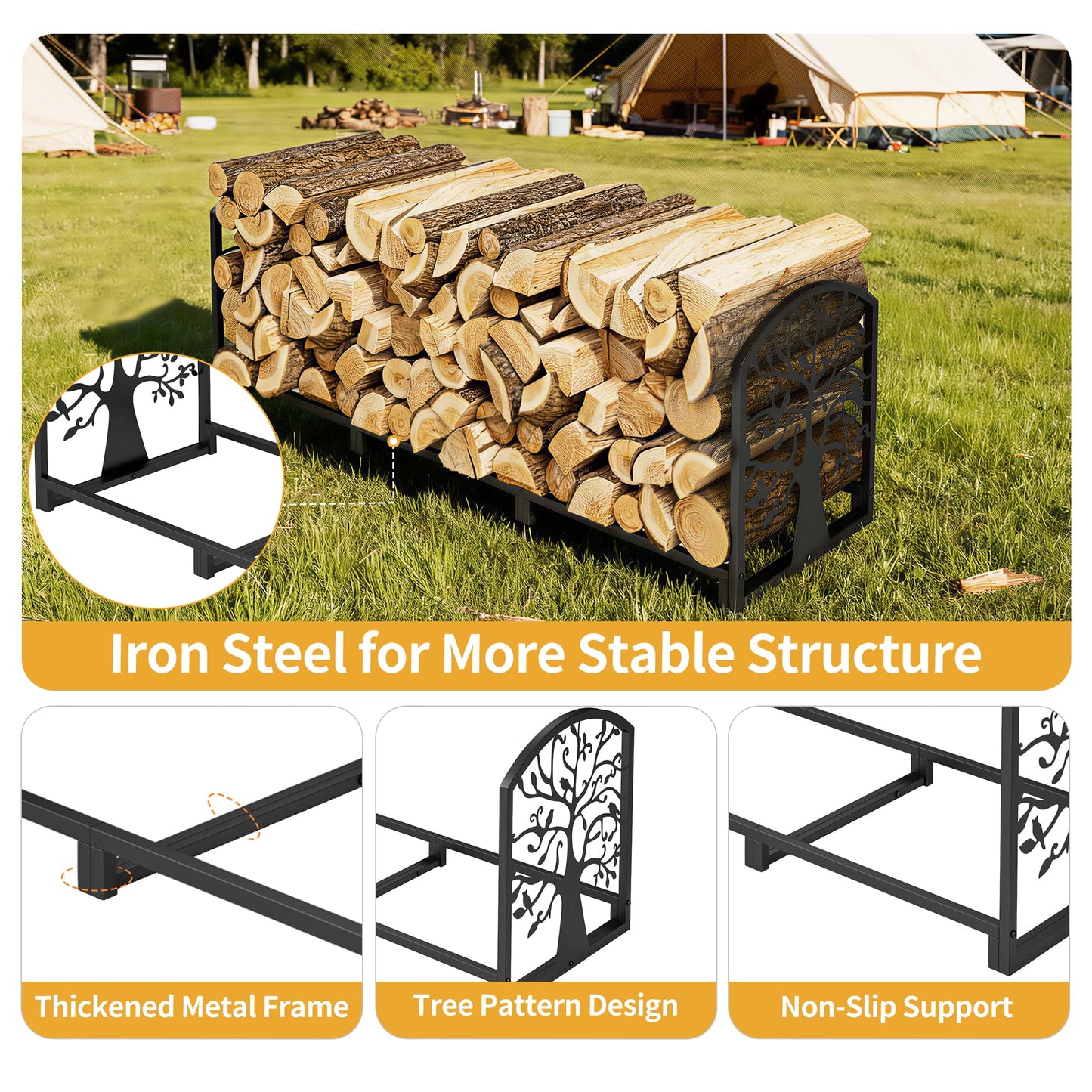 ZONVEOKE 4ft Firewood Rack Outdoor Indoor, Heavy Duty Log Storage Holder with Artistic Tree Silhouette Sides, Steel Wood Pile Stand for Backyard, Patio & Porch, Holds 1/4 Cord Firewood