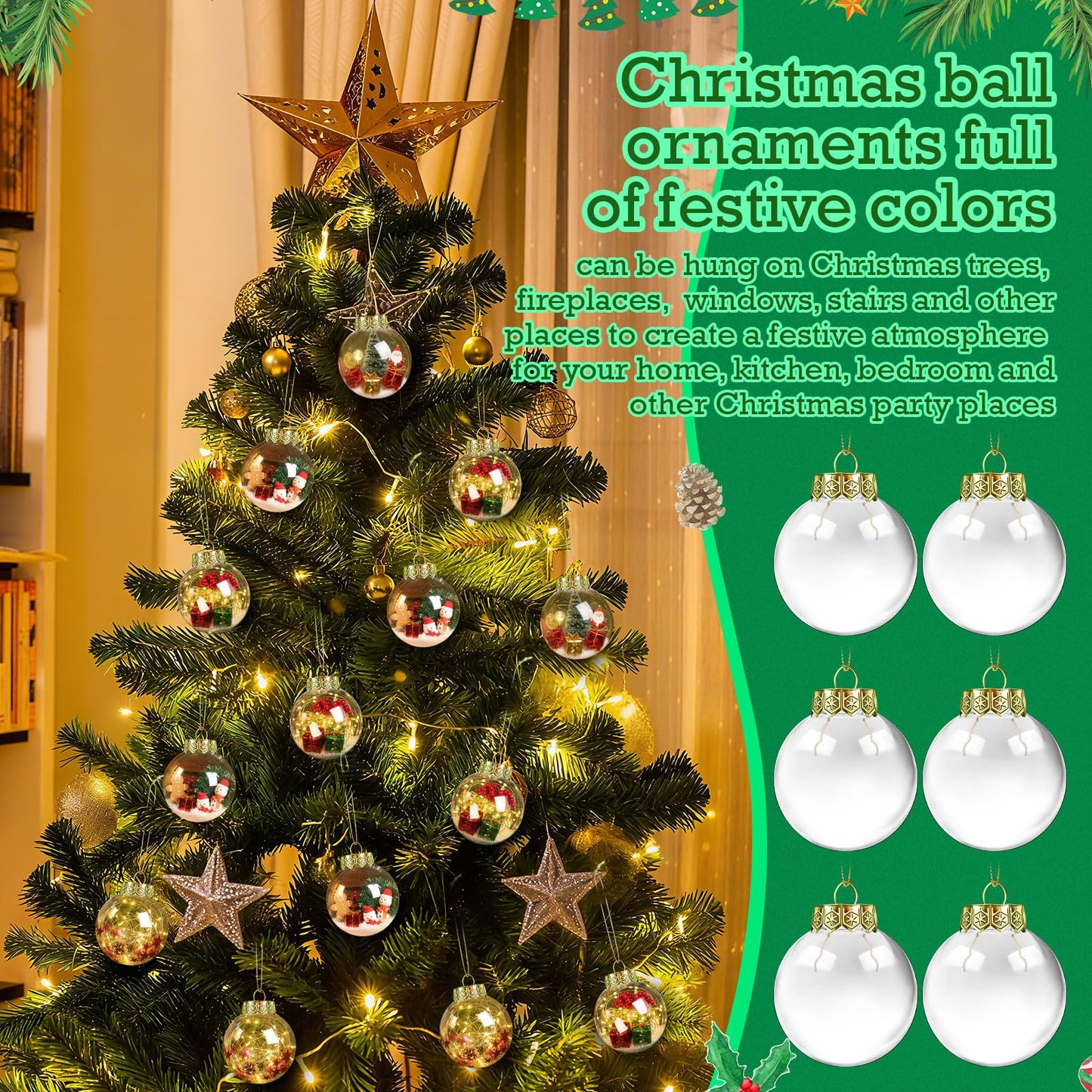 Wettarn 50 Pcs 2.36 Inch Christmas Plastic Fillable Ornaments, Transparent DIY Craft Rainbow Ball with Lid and Rope, Xmas Hanging Ornament for Party Wedding Home Decor (Clear)
