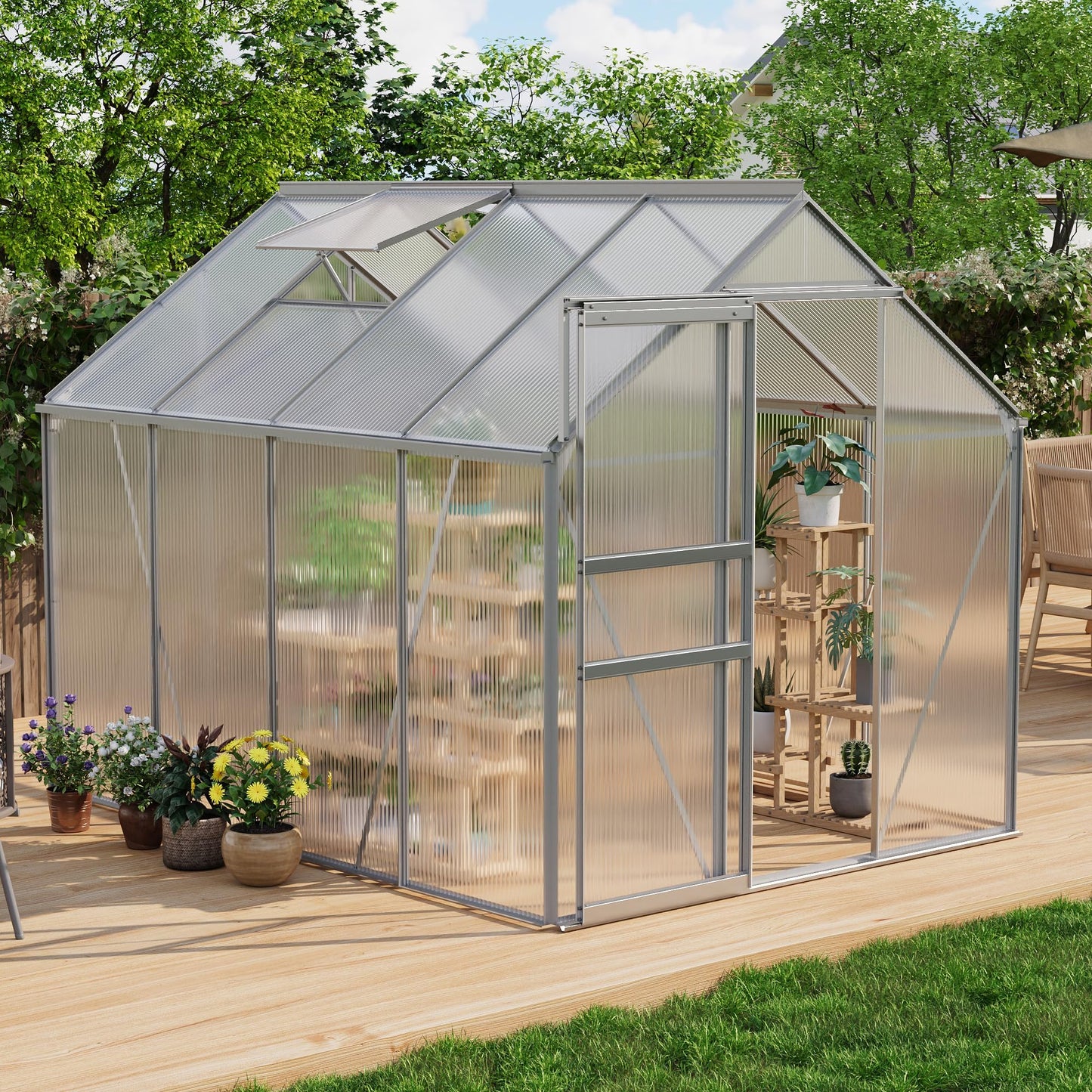 GAOMON Greenhouses, Large Walk in Greenhouses for Outdoors and Garden Planting, Polycarbonate Greenhouse with Enhanced Aluminum Frame, Adjustable Roof Vent & Sliding Door for Winter Use(White, 6*8FT)