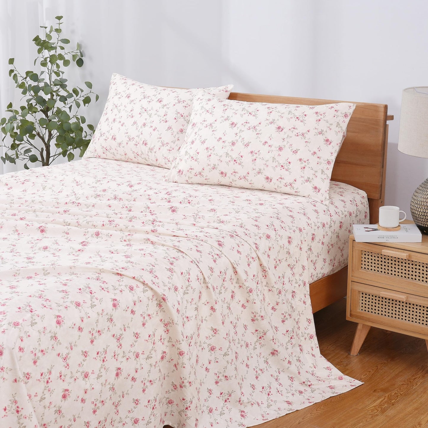 Modern Threads 4-Piece Ultra Soft Microfiber Bed Sheets Set, Wrinkle Free Sheets with Deep Pockets Fitted Sheet, Flat Sheet & Pillowcases, Lightweight Breathable Bedding, Floral Rose, Queen