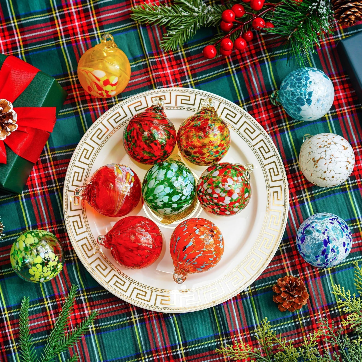 Set of 12 Hand Blown Glass Ball Ornaments Decorative Hanging Ornaments Glass Gazing Balls Witches Balls Decor for Outdoor Patio Garden Window