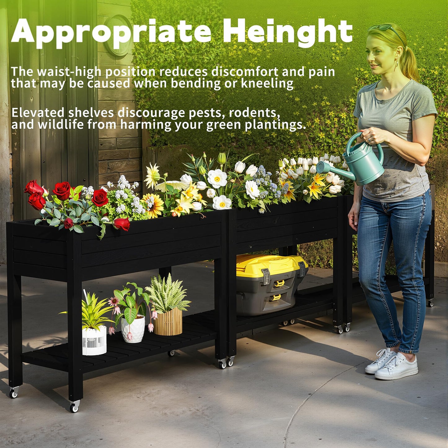 PatioZen Raised Garden Bed with Legs, 33.66" Tall Self-Watering Resin Planter Box with Lockable Wheels Drainage Plug and Gauge for Vegetables, Flowers, Storage Shelf for Tools and Accessories (Black)