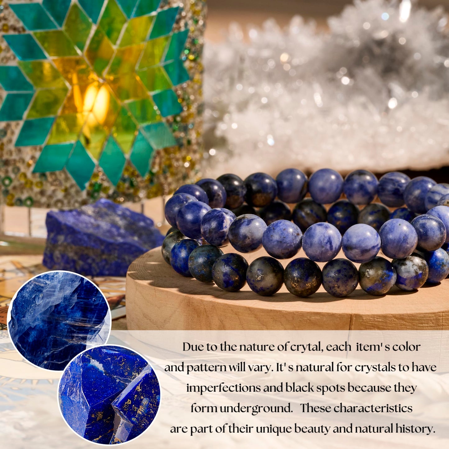 Bivei Natural Gemstone Semi Precious Crystals Handmade Stretchy Round Beads Bracelet, Enhance Positive Energy,Stocking Stuffers for Women(Lapis Lazuli & Sodalite(Wisdom & Communication) Medium)
