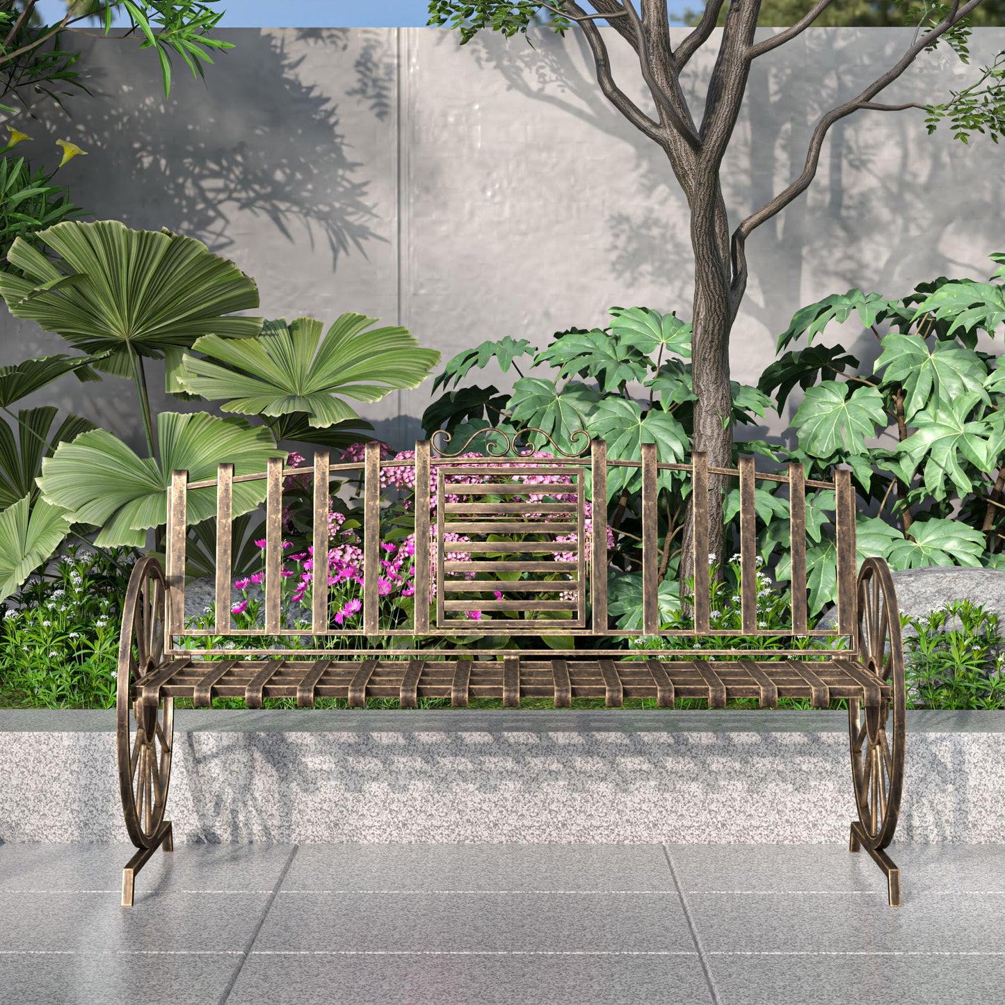 Boweniog Outdoor Bench Patio Outdoor Garden Bench with Built-in Table, Wagon Wheel Arms, 3 People Outdoor Bench Garden Bench Front Porch Furniture Patio Lawn Yard Park (Bronze)