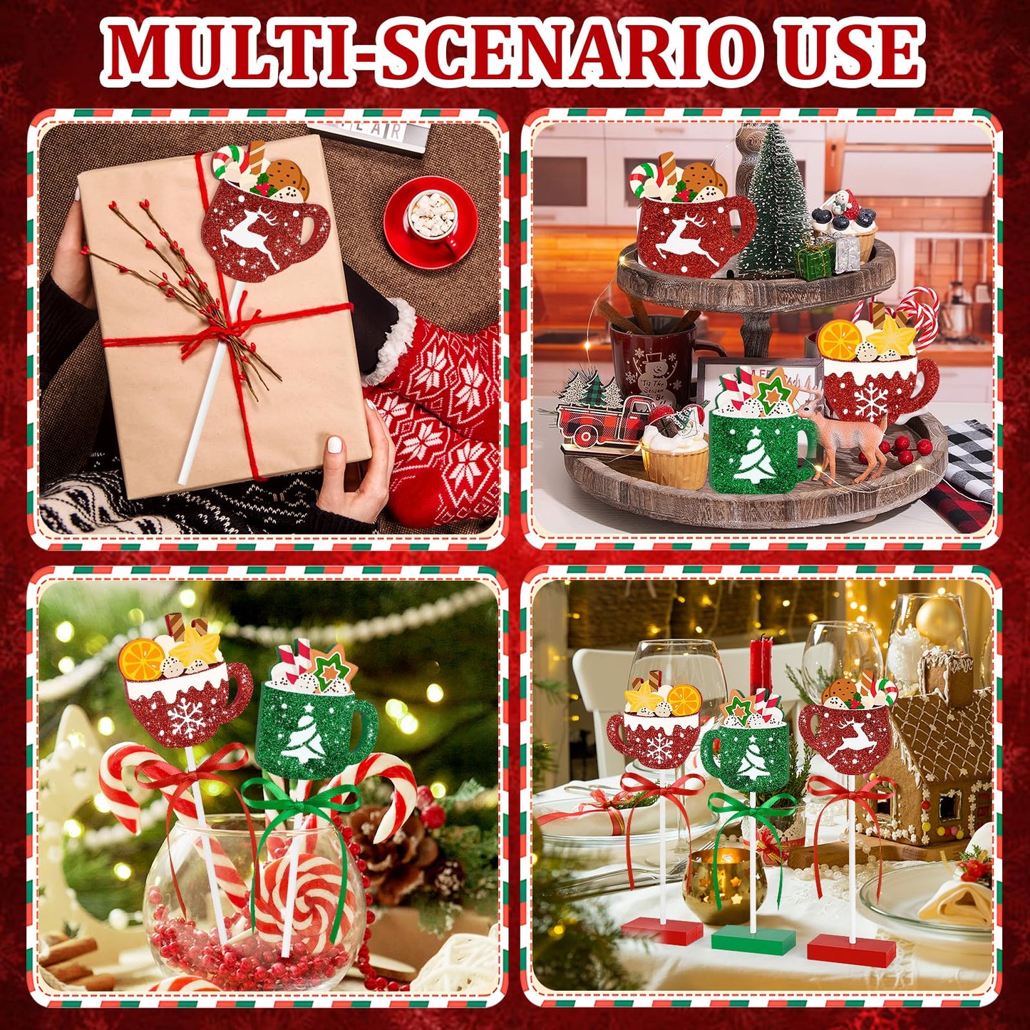 3 Pieces Christmas Table Decorations Wooden Coffee Cup Set, Red and Green Christmas Tiered Tray Decor for Home Office Kitchen Tables (Coffee Cup)