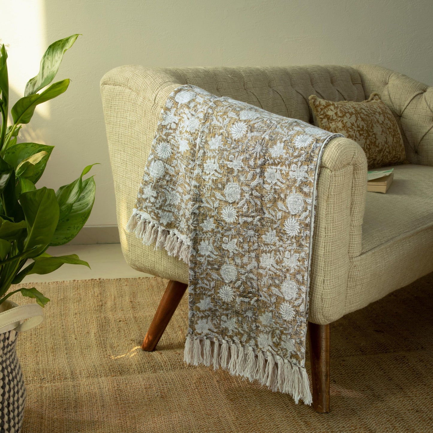 HOME WIBE 100% Pure Cotton Handblock Printed Throw Blanket, Soft 50" x 60" Fringed Floral Print Throw for Couch, Sofa, Chair, Bed - Cozy, Machine Washable, Comfortable Home Decor