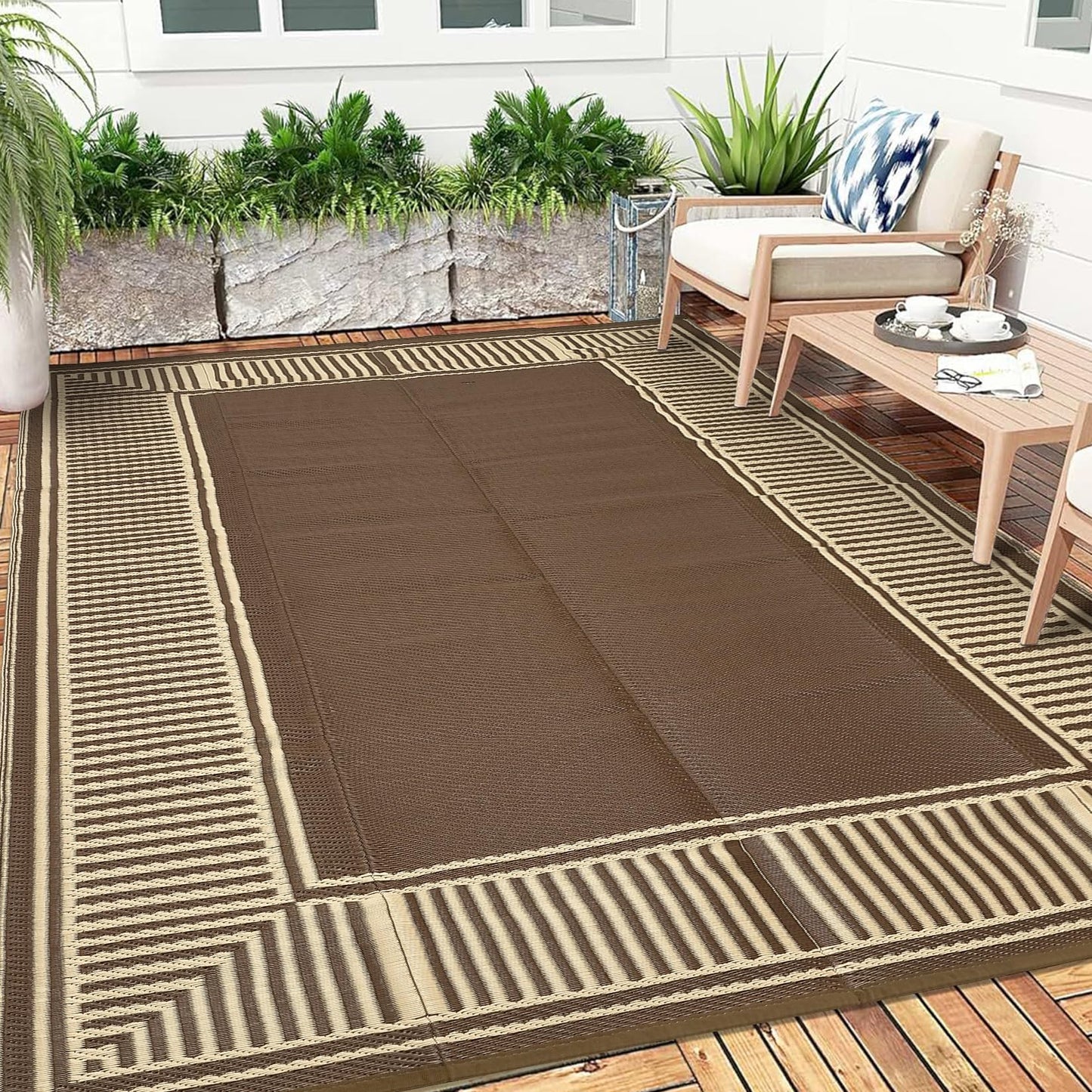 IDEALHOUSE Outdoor Rug 9'x18' Reversible Portable Lightweight Waterproof UV Resistant Plastic Straw Patio Mat for RV Camping Picnic Deck Backyard Peony Brown