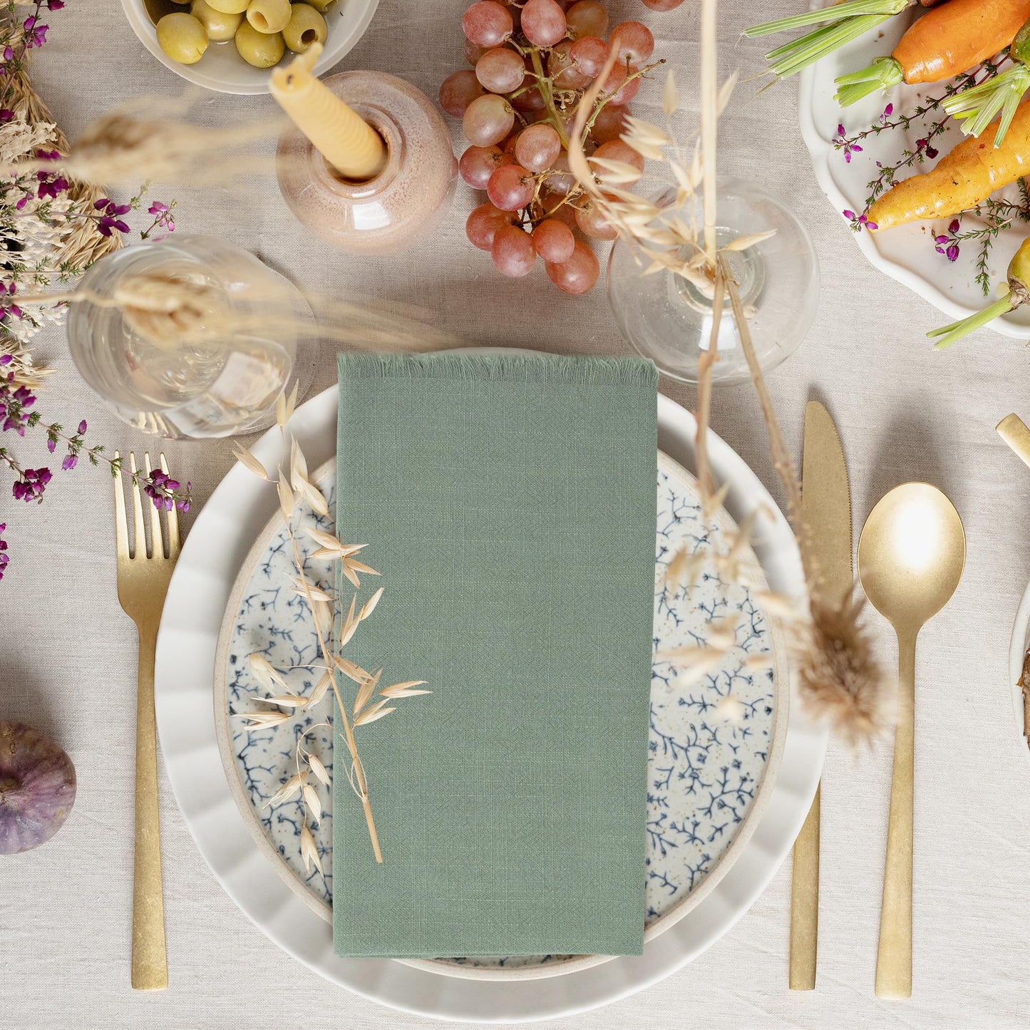 keypan Sage Green Cloth Napkins Washable, Linen Cotton Table Rustic Fabric Napkin Bulk with Fringe for Thanksgiving Dinner Wedding Party Set of 8 17x17 inch
