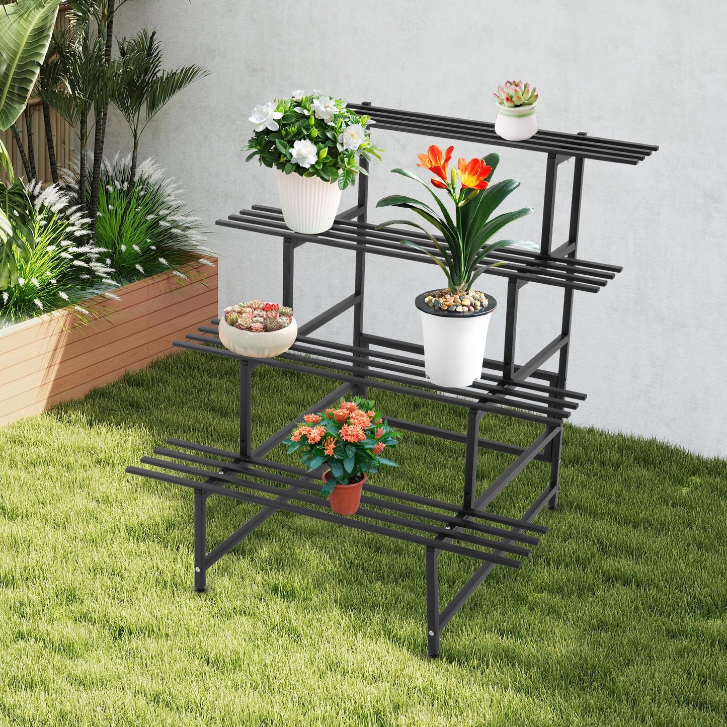 GALAXYWAY 4 Tier Black Metal Plant Stand, Stair Step Plant Stand Indoor Outdoor Tiered Planter Shelf Ladder Flower Pot Holder Plant Stands for Patio Garden Balcony