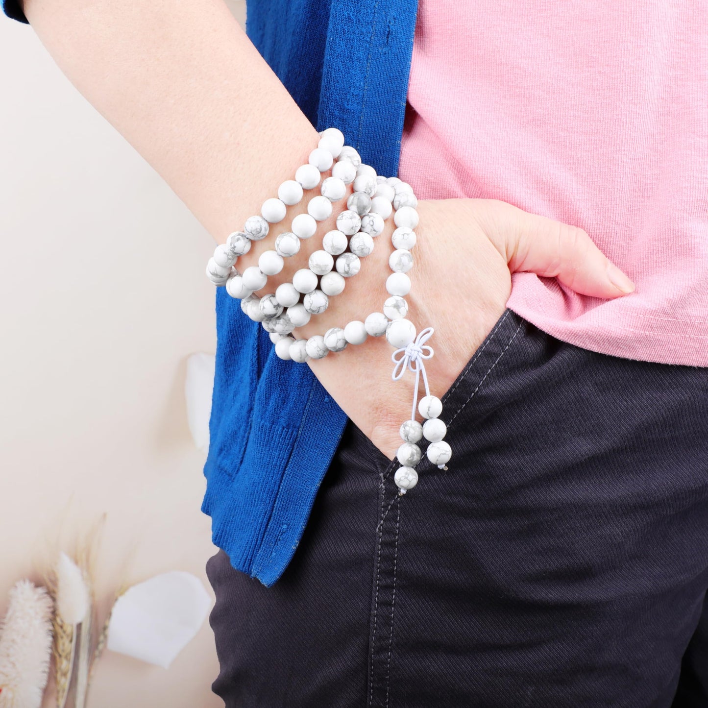 AD Beads 8mm 108 Prayer Mala Howlite Elastic Bracelet - Calmness for Sleep - Handmade Yoga Meditation Healing Power Energy Gifts for Unisex Adult.