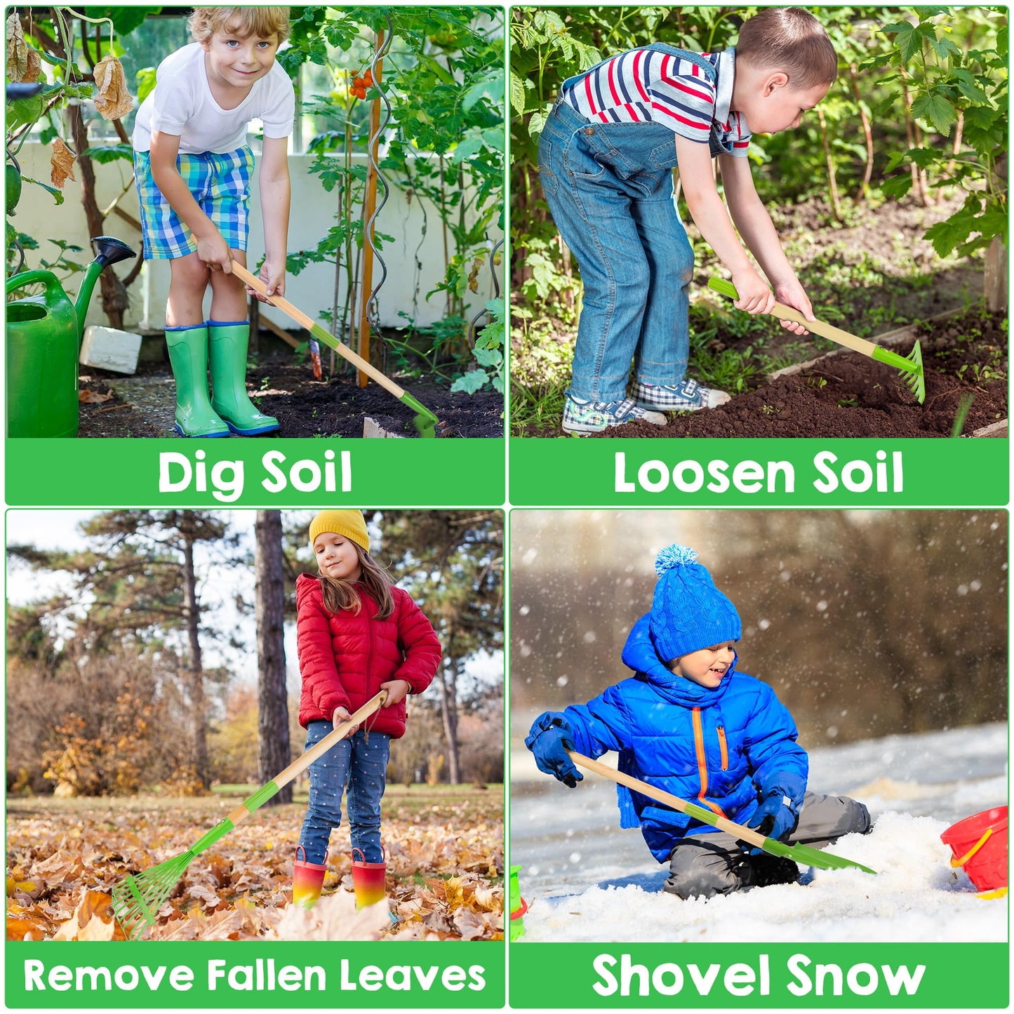Amtreen Kids Gardening Tools Set - 6PCS Detachable Garden Tool Kit with Gloves, Shovel, Rake, Hoe, Leaf Rake & Spray Bottle - Wooden Handles with Hanging Hole, Perfect Outdoor Toy Gift for Ages 3-5