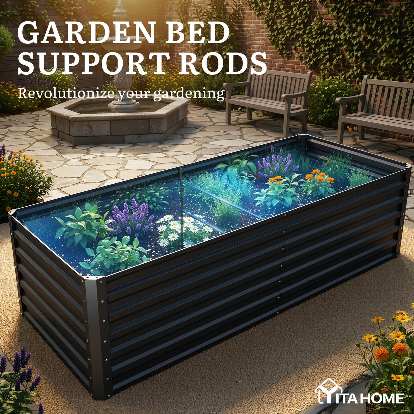 YITAHOME 72x36x24 in Galvanized Raised Garden Bed Kit, Large Metal Planter Box with Gloves & Support Rod, Outdoor Flower Bed for Plants Vegetables, Black