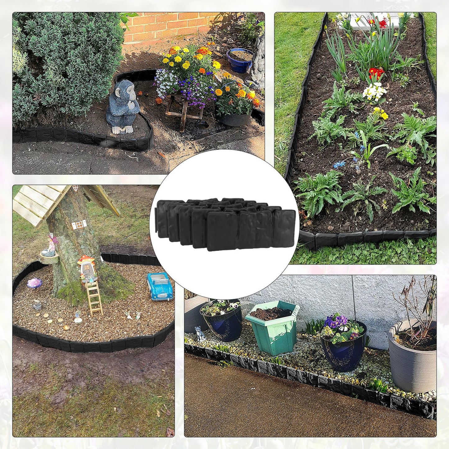Garden Edging Border NO DIG, with Landscape Edging Anchoring Spikes, Black Stone Effect Plastic Lawn Edging Fencing, Interlocking Yard Lawn Edging for Flower Bed | 32 Ft | 40Pcs | Black |