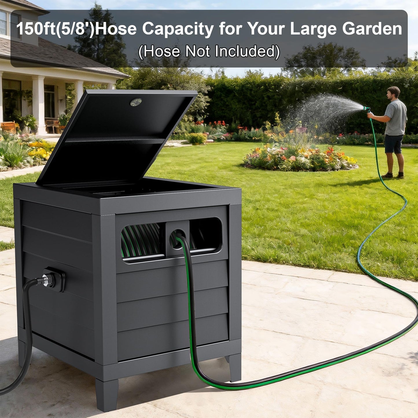 Metal Garden Hose Reel Box, Heavy Duty 150Ft 5/8" Large Capacity Hose Storage Deck Box with Hose Guide, 6Ft Leader Hose, Leak-Proof Aluminum Water Connection, Manual Crank Handle Easy Essemble (Black)