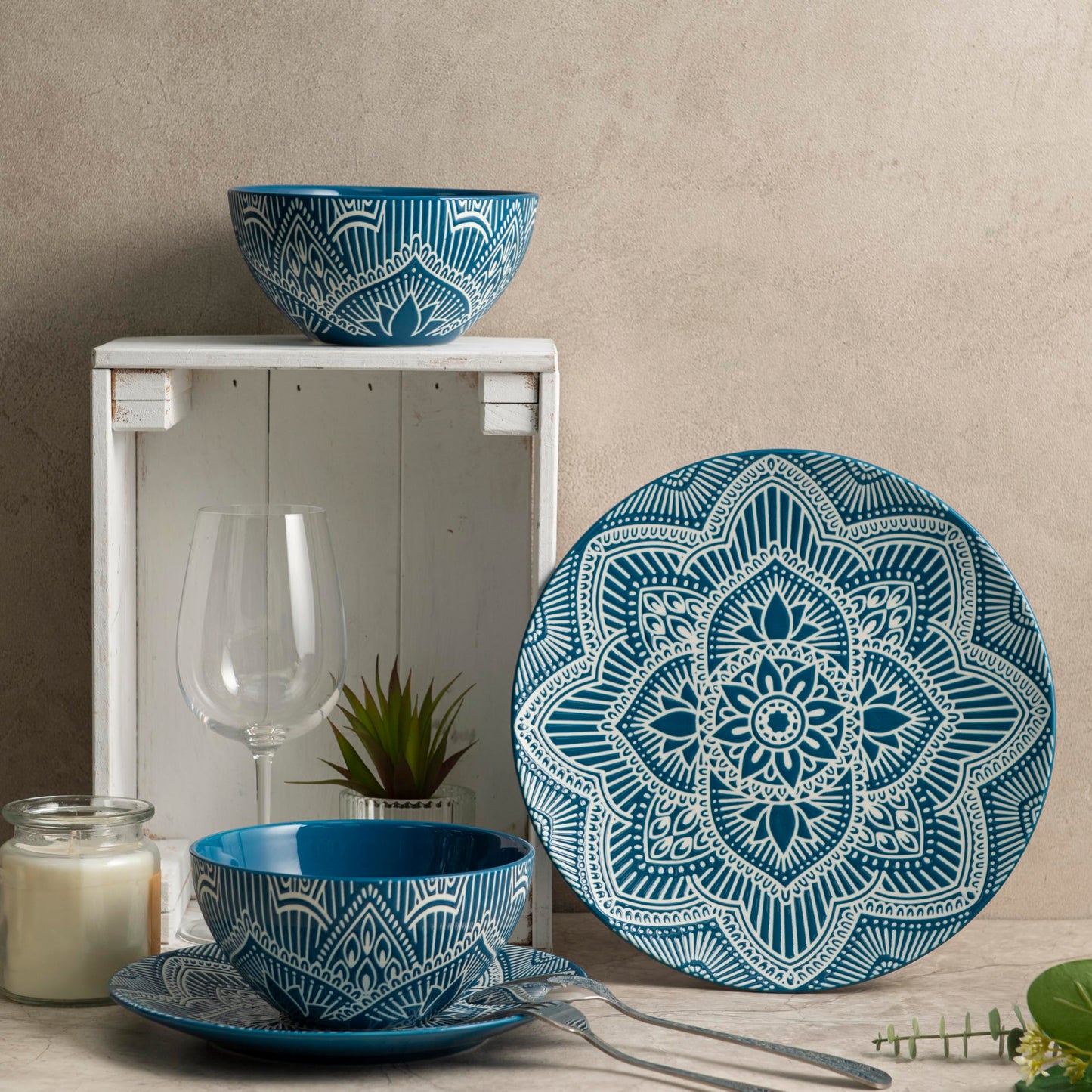 Bzyoo 12-Piece Ceramic Dinnerware Set: La La Mandala Blue Dish Set Design for Every Occasion - Microwave & Dishwasher Safe Stackable Plates Bowls