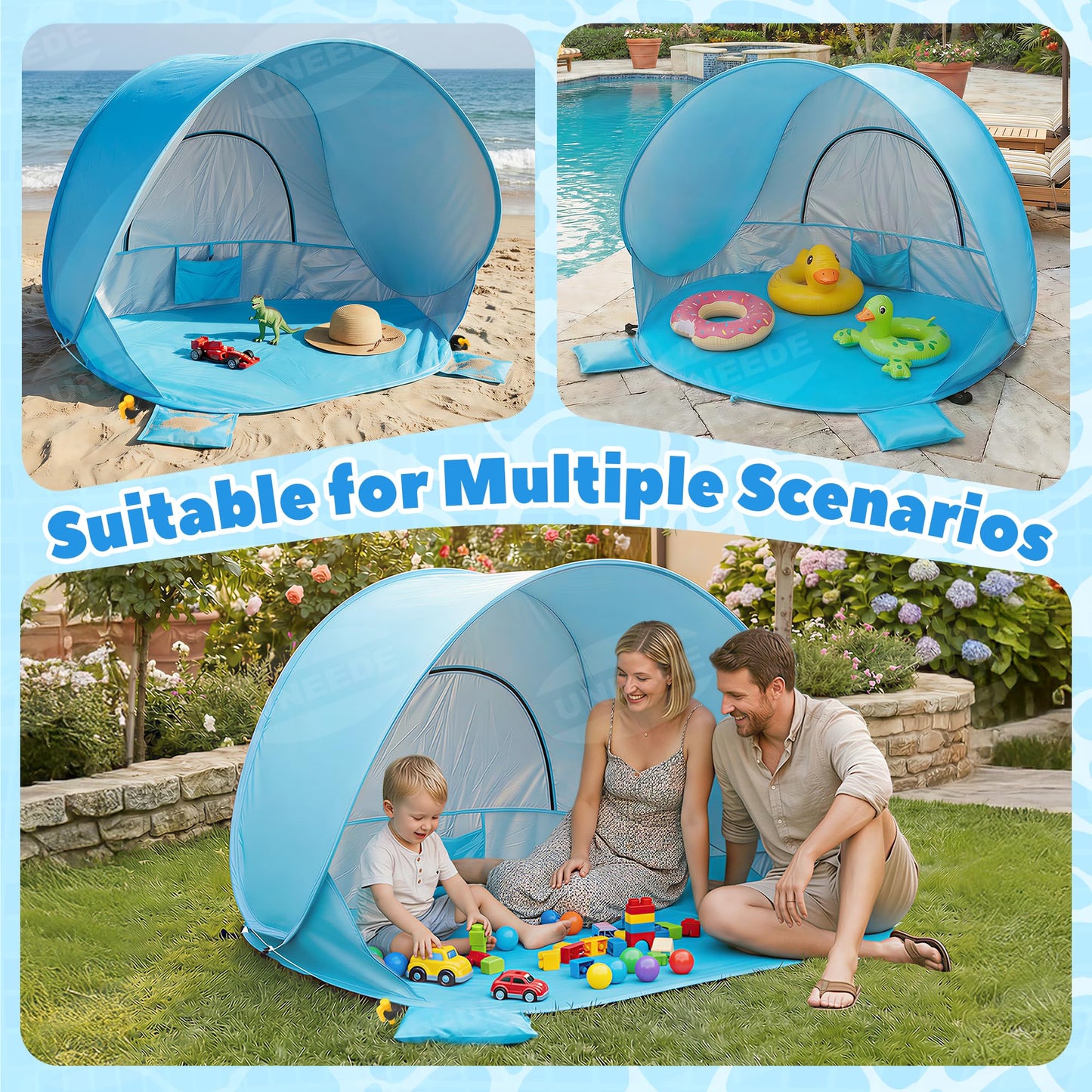 Baby Beach Tent Extra Large Pop Up Baby Tent with UV Protection - Spacious Family Sun Shelter for Parent & Child, Portable Beach Essentials (Blue, 53.1" x 36.6" x 37.4")