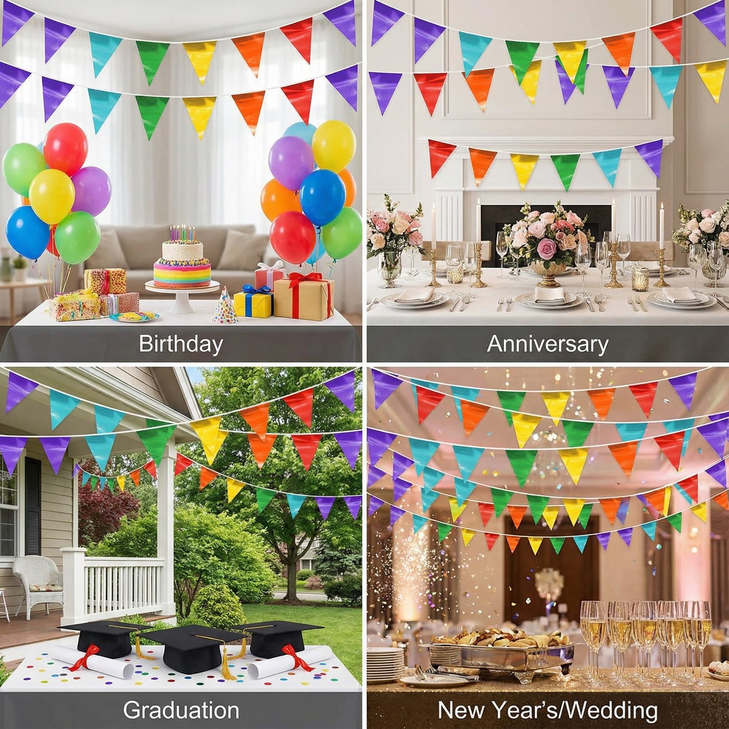 4P Rainbow Party Decorations - Metallic Fabric Triangle Pennant Banner Flags - Indoor/Outdoor Bunting Garland for Birthday, Wedding, Graduation & Theme Parties