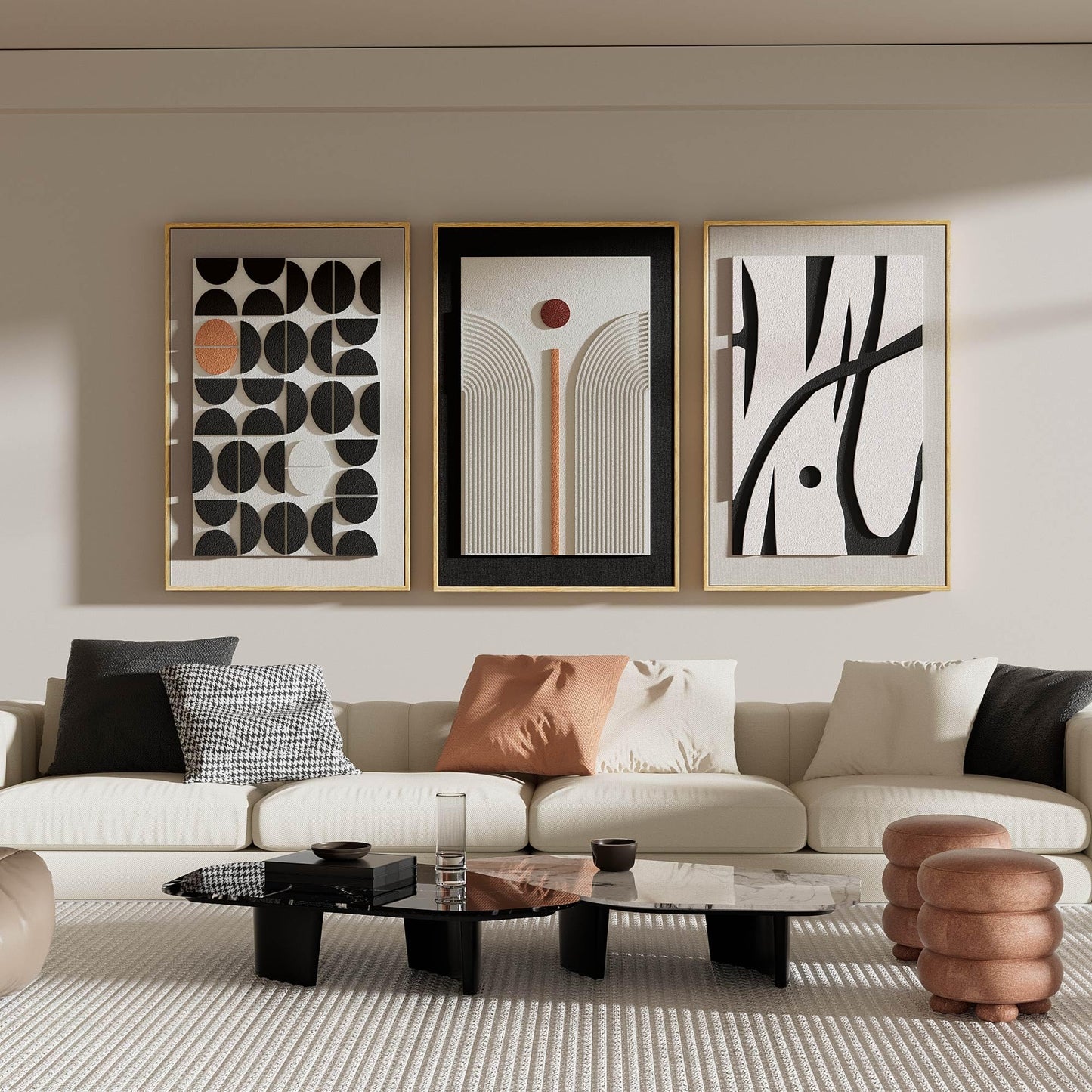 Large 3D Textured Framed Abstract Wall Art for Living Room, 3 Piece Modern Boho Artwork for Walls, Black White Orange Geometric Sandstone Texture Pictures for Hallway Office Home Decor 24x36 In