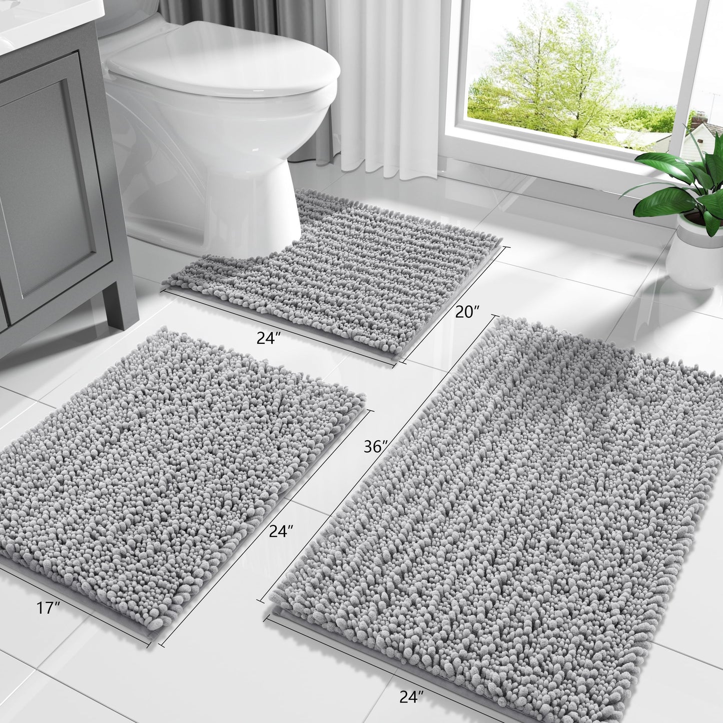 Yimobra Bathroom Rugs Non Slip Washable - Ultra Soft Absorbent Chenille Bath Mat, Quick Dry Shaggy Floor Carpet for Tub Shower, Gray Home Decor Accessories, 24x17 Inch