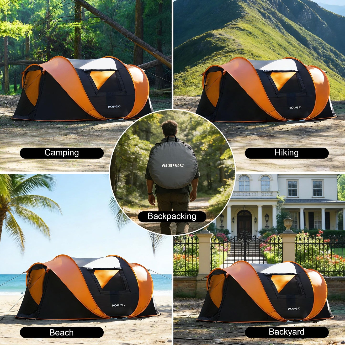 AOPEC Pop Up Camping Tent, 2/4/6 Person Instant Tent Waterproof PU4500mm, Spacious Ventilated Camping Tent with Front Porch, Quick Setup Lightweight Portable for Outdoor Camping Hiking Beach