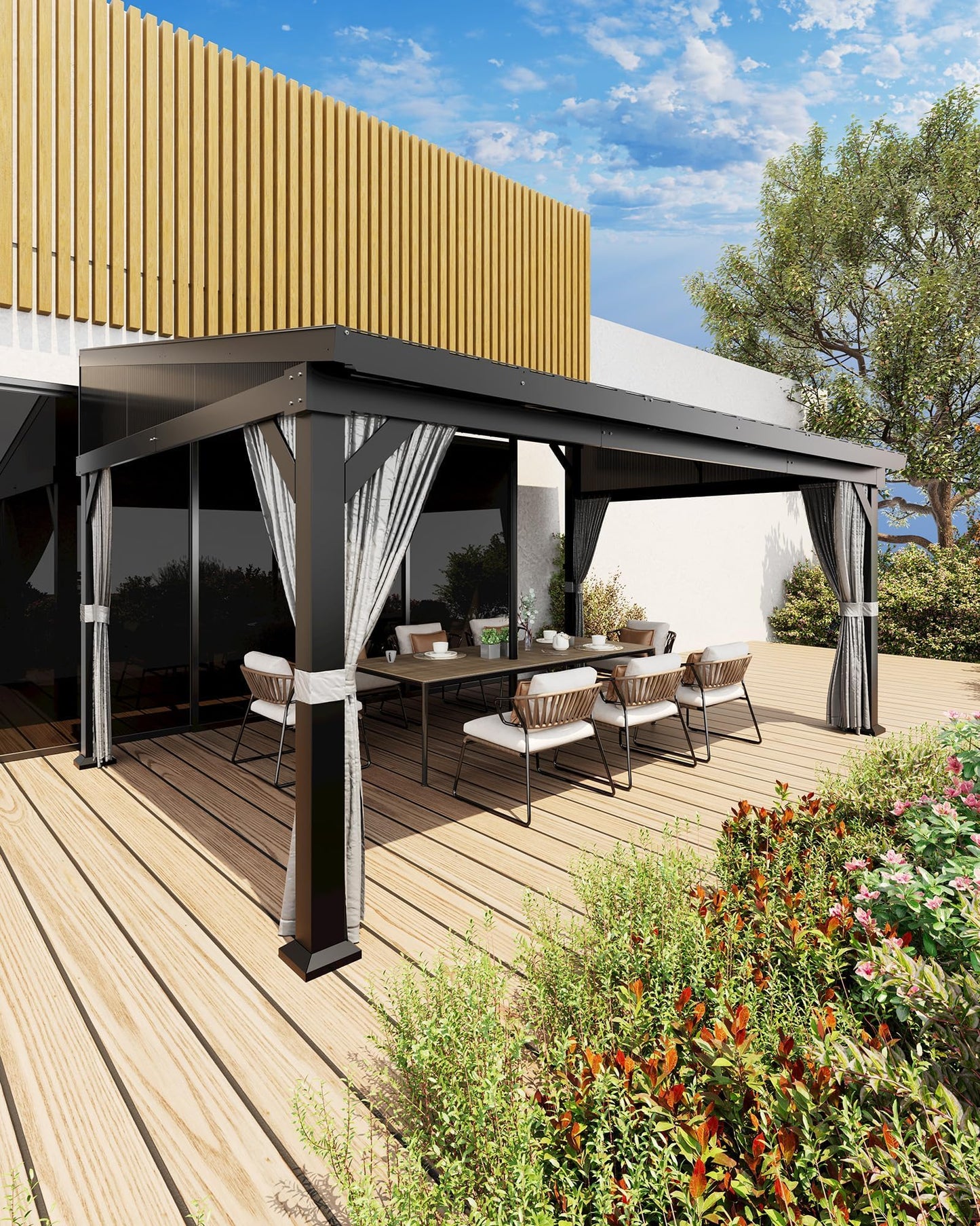 10X14 ft Wall Mounted Lean to Gazebo with Gutters System & Sliding Netting, Aluminum Frame, Connectable Wall Mounted Gazebo Pergola with Sloping Galvanized Steel Roof for Patio, Garden, Grey