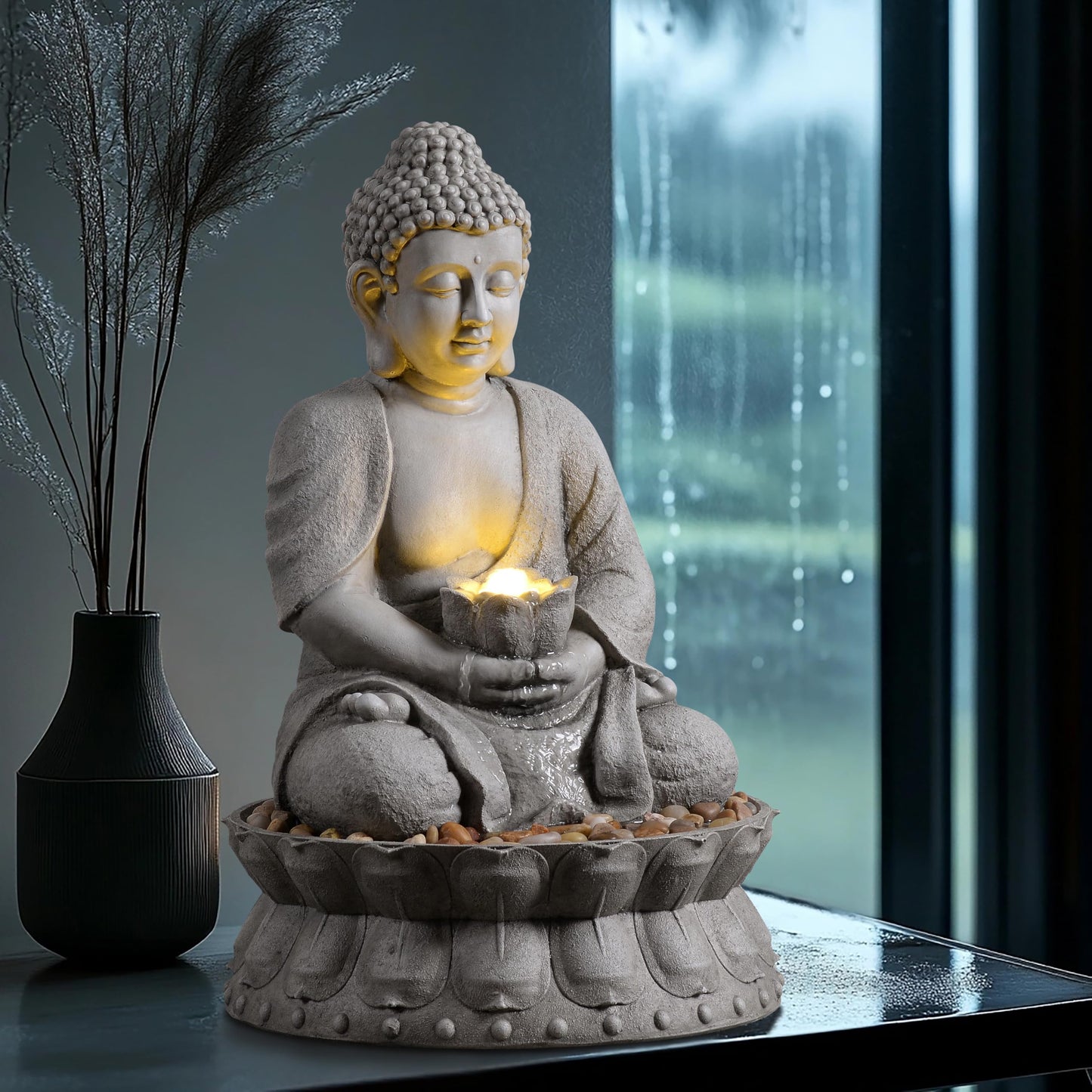 Mseonwxi Buddha Water Fountain Outdoor, Zen Fountain with LED Light for Garden, Home Decor, Relaxing Buddha Statue with Lotus Base, for Women