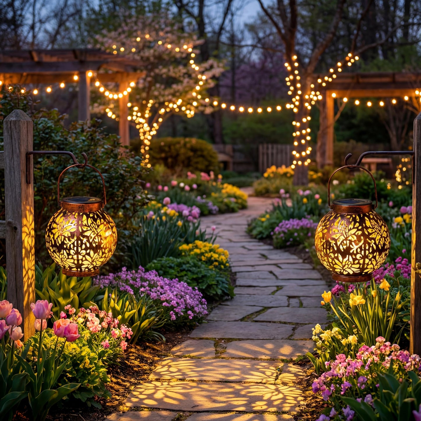 JOIEDOMI 2 Pack Outdoor Solar Hanging Lantern Lights, Waterproof Tabletop with Handle, LED Moroccan Lanterns, Metal Decorative Garden Solar Lights Spring for Patio, Lawn, Porch, Backyard