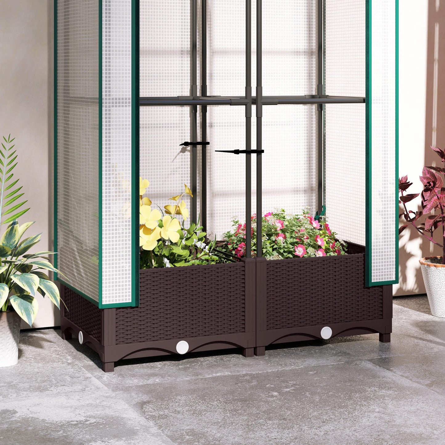 Outsunny Plastic Raised Garden Bed with Trellis, Outdoor Planter Box with PE Greenhouse Cover, Drainage Holes and Zipper Door for Climbing Plants, Herbs and Vegetables, 31.5" x 15.7" x 48.8", Brown