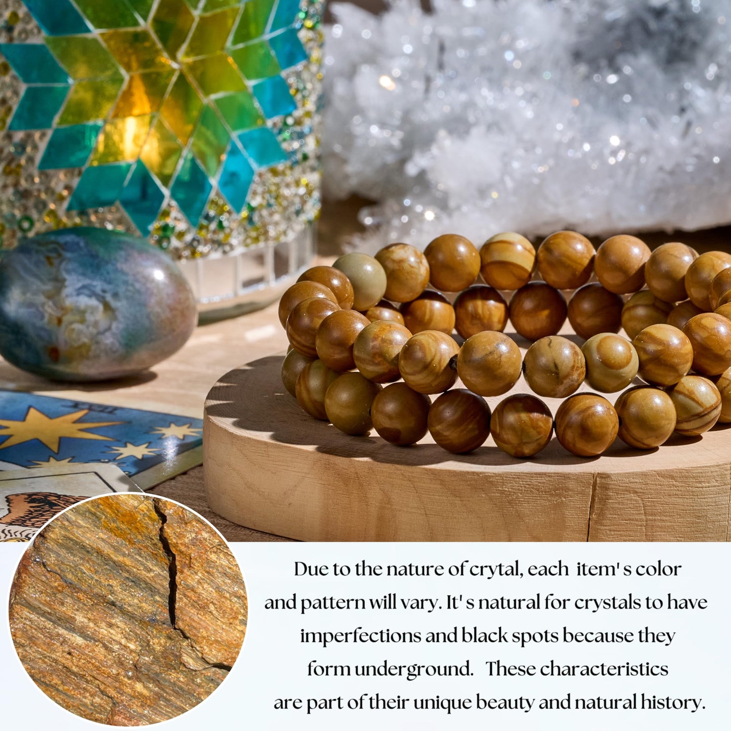 Bivei Natural Gemstone Semi Precious Healing Crystals Handmade Stretchy Round Beads Bracelet, Enhance Positive Energy,Stocking Stuffers for Women(Wood Grain Jasper (Stability & Strength)(Large))