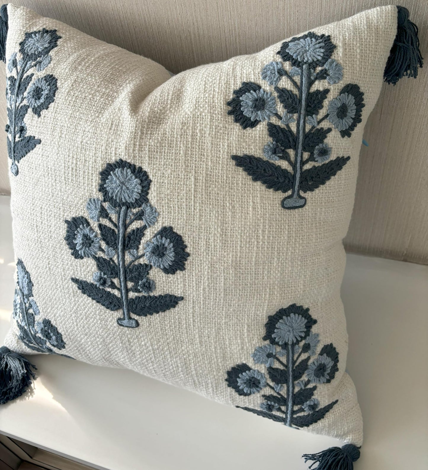YugTex Hand Embroidered Pillow Cover - 20x20 Ivory Cotton Blue Floral Botanical - Russell Motif