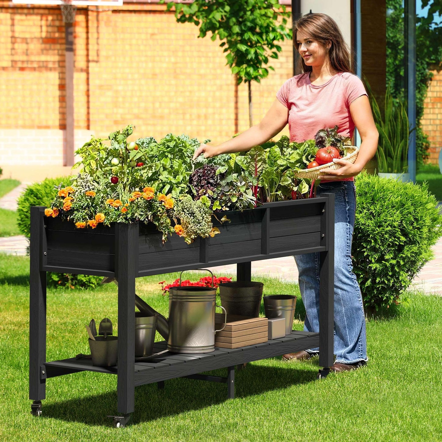 DWVO Raised Garden Bed HDPE with Wheels & Legs, 47x18x31in Weather-Resistant Poly-Wood Elevated Planter Box Outdoor, Double Tier Planters for Patio Balcony Backyard, Black