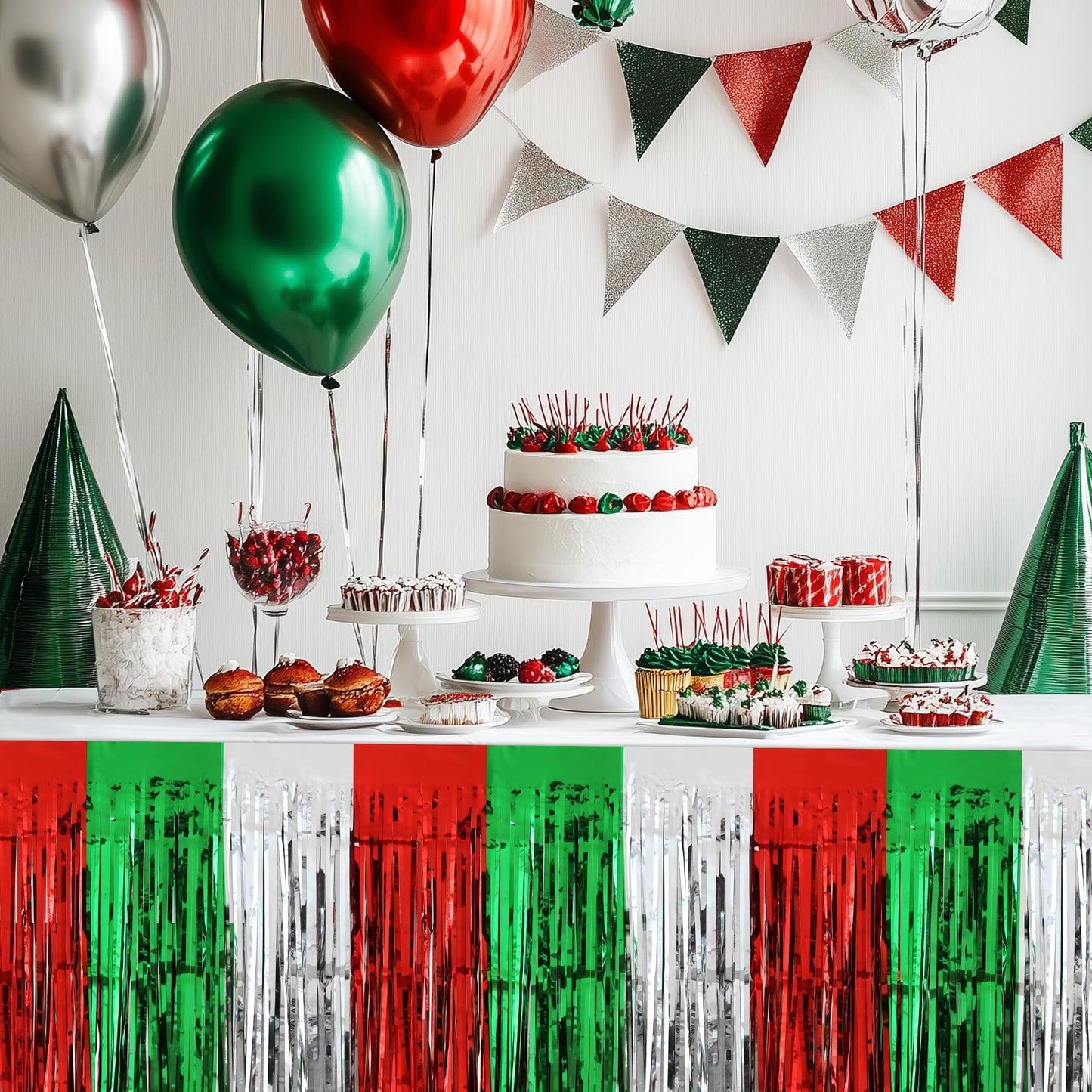 2 Pack Christmas Table Skirts, 29x108" Red & Silver & Green Metallic Foil Tinsel Fringe Table Skirts for Rectangle Tables Streamer Curtain Backdrop, Party Decoration for Xmas Birthday Wedding Holiday