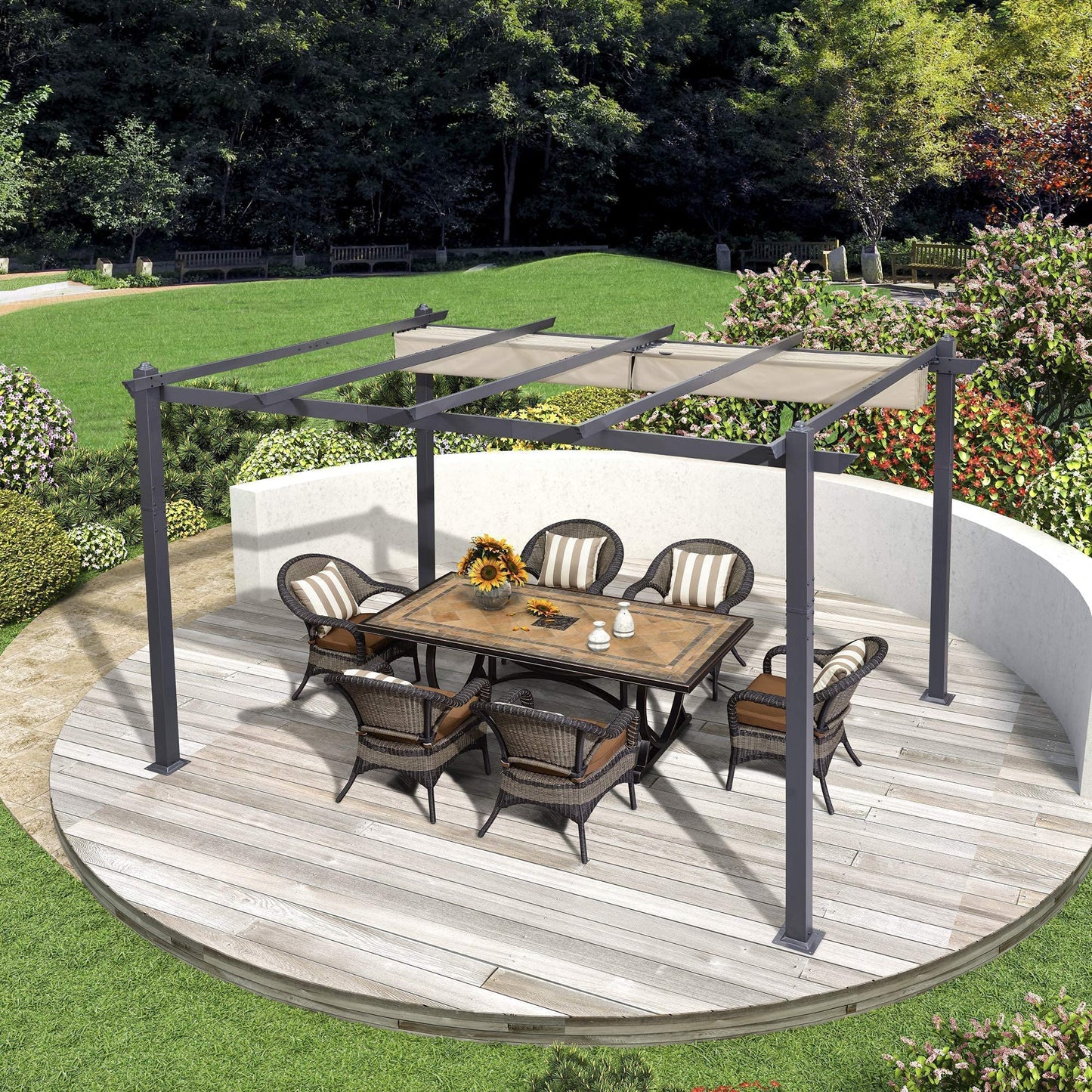 PURPLE LEAF 10' X 12' Outdoor Retractable Pergola with Sun Shade Canopy Patio Metal Shelter for Garden Porch Beach Pavilion Grill Gazebo Modern Yard Grape Trellis Pergola, Beige