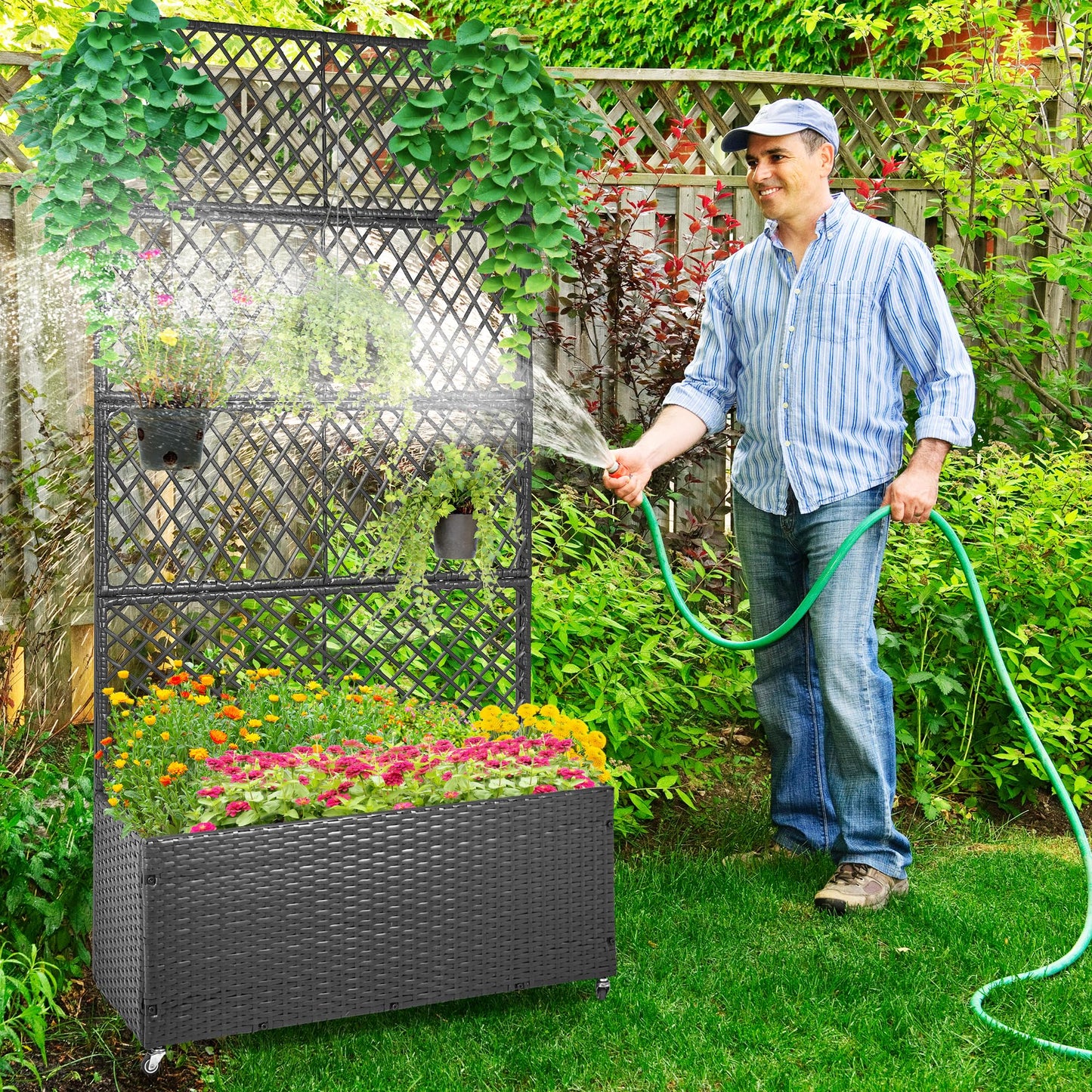 GENMOUS 72in/5.9ft Metal Raised Garden Bed with Trellis, Planter Box Trellis with Wheels for Vine Climbing Plants, Trellis with Drainage Holes for Flowers, Vegetables in Garden, Patio, Balcony (Black)