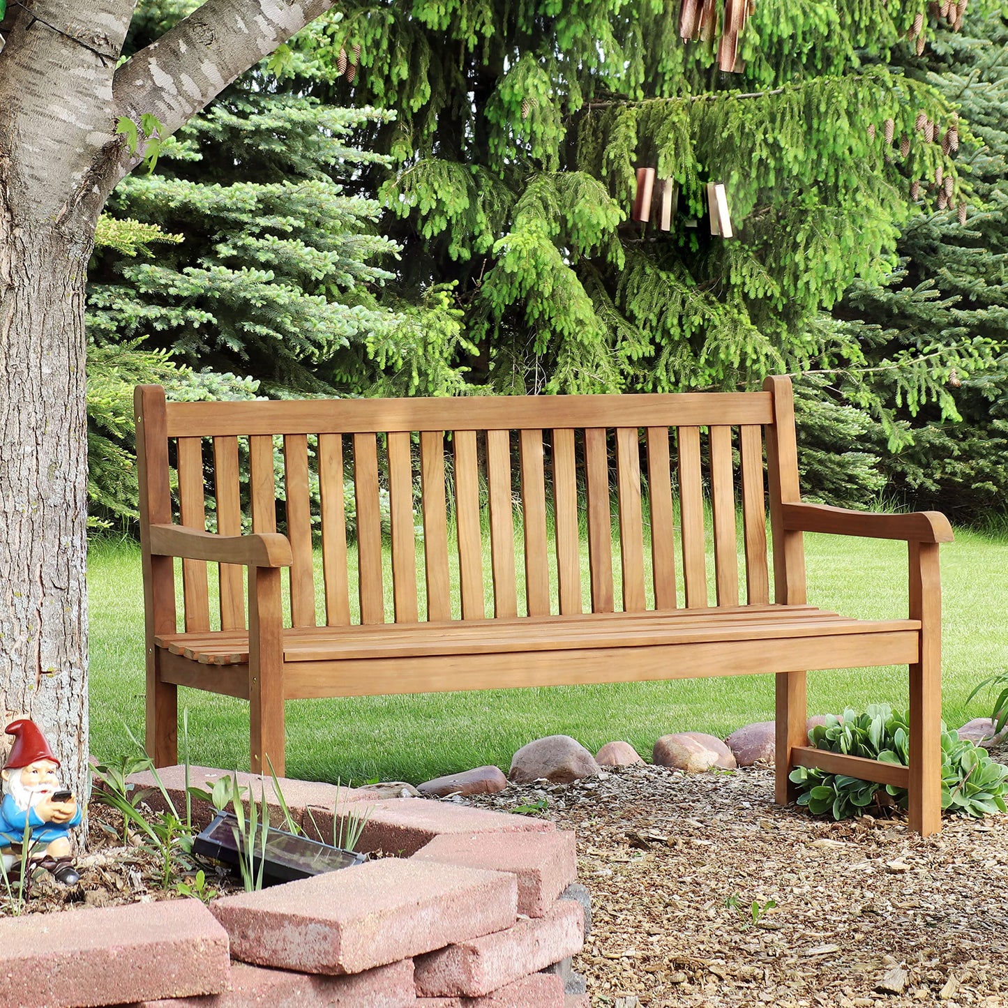 Sunnydaze 2-Person Outdoor Bench for Front Porch or Park - Wooden Teak Patio Garden Bench with Backrest - 675 lb Weight Capacity - 60"