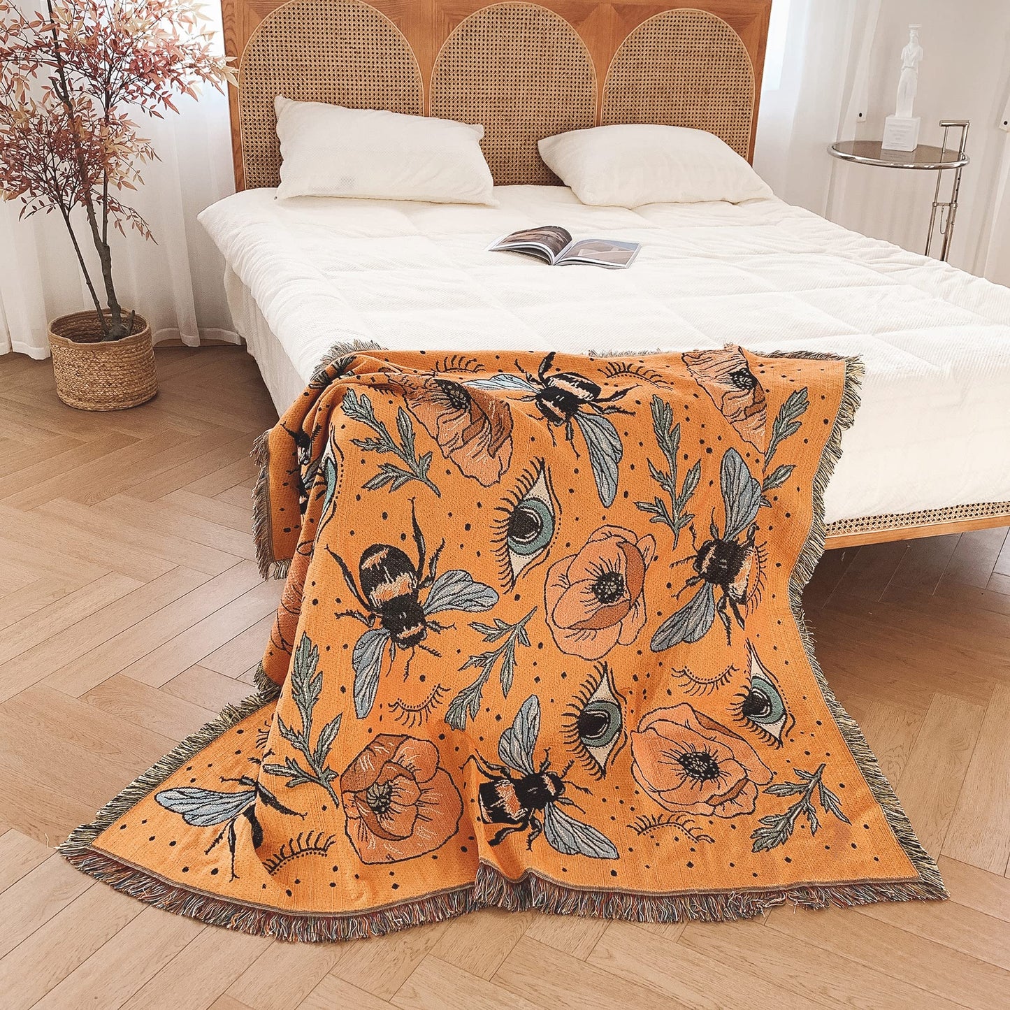 Shesyuki Boho Throw Blanket Reversible Cotton Bohemian Tapestry Hippie Room Decor Double Sided (Boho Bee Yelow 50"x60")