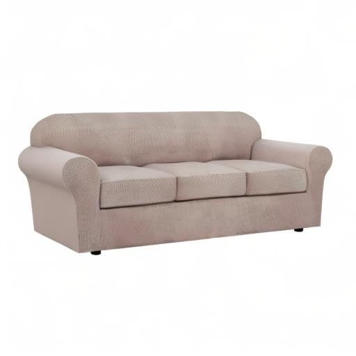 H.VERSAILTEX 4 Piece Stretch Sofa Covers for 3 Cushion Couch Covers for Living Room Slipcovers (Base Cover Plus 3 Seat Cushion Covers) Upgraded Thicker Jacquard Fabric (Sofa, Sand)