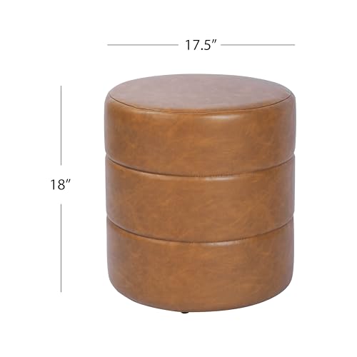 HomePop Upholstered Faux Leather Round Ottoman (No Lid, Seat Only) | HomePop Home Décor | Round Pouf Foot Rest – Camel Brown Faux Leather