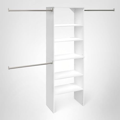 ClosetMaid SuiteSymphony Wood Closet Organizer System, 25-Inch Starter Kit with Tower and 3 Hang Rods and Shelving, Adjustable Shelves, Customizable Insert, Reach-in or Walk-in Closets, Pure White