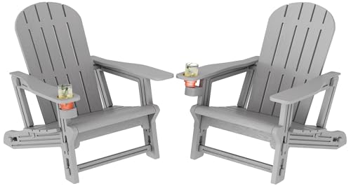 Shintenchi Adirondack Chairs Set of 2,HDPE Adirondack Chairs w/Removable Tablelop & Umbrella Hole,All-Weather Wooden Textured Plastic Outdoor Chairs w/Cup Holders for Garden Backyard Pool,Light Gray