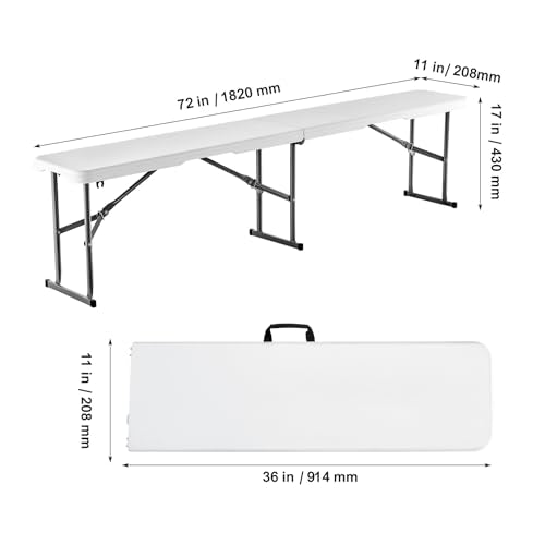 VEVOR Plastic Folding Bench, 6ft Portable Folding Bench, Smooth High Density Polyethylene Waterproof Outdoor Bench, Picnic Camping Table with Handle for Garden Soccer Playtime, White (1 Pack)