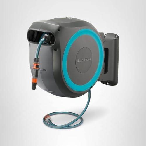 GARDENA (18630) Retractable Garden Hose Reel 115' x 1/2" Wall Mounted, Automatic Retraction & Length Lock for Easy Watering. Heavy Duty Swivel Bracket 180°, Includes Nozzle. Made in Europe