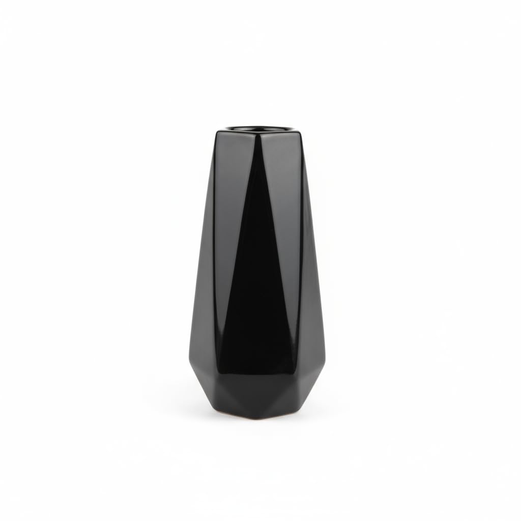 Modern Black Ceramic Vase, 7.5 Inch Geometric Flower vases, Minimalist Design for Table Shelf Centerpiece Home Decor Fit for Housewarming, Weddings, Birthday,Christmas
