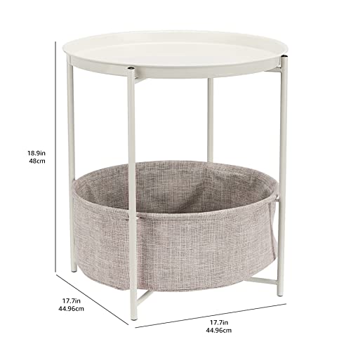 Amazon Basics Round Storage End Table, Nightstand with Cloth Basket, Bedside Table, White/Heather Gray, 17.7" L x 17.7" W x 18.9" H