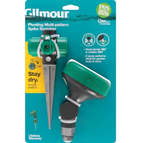 Gilmour Adjustable Spot Sprinkler with Spike Base, Pivoting Multi Pattern Sprinkler Head for Targeted Coverage in Flower Beds and Vegetable Gardens